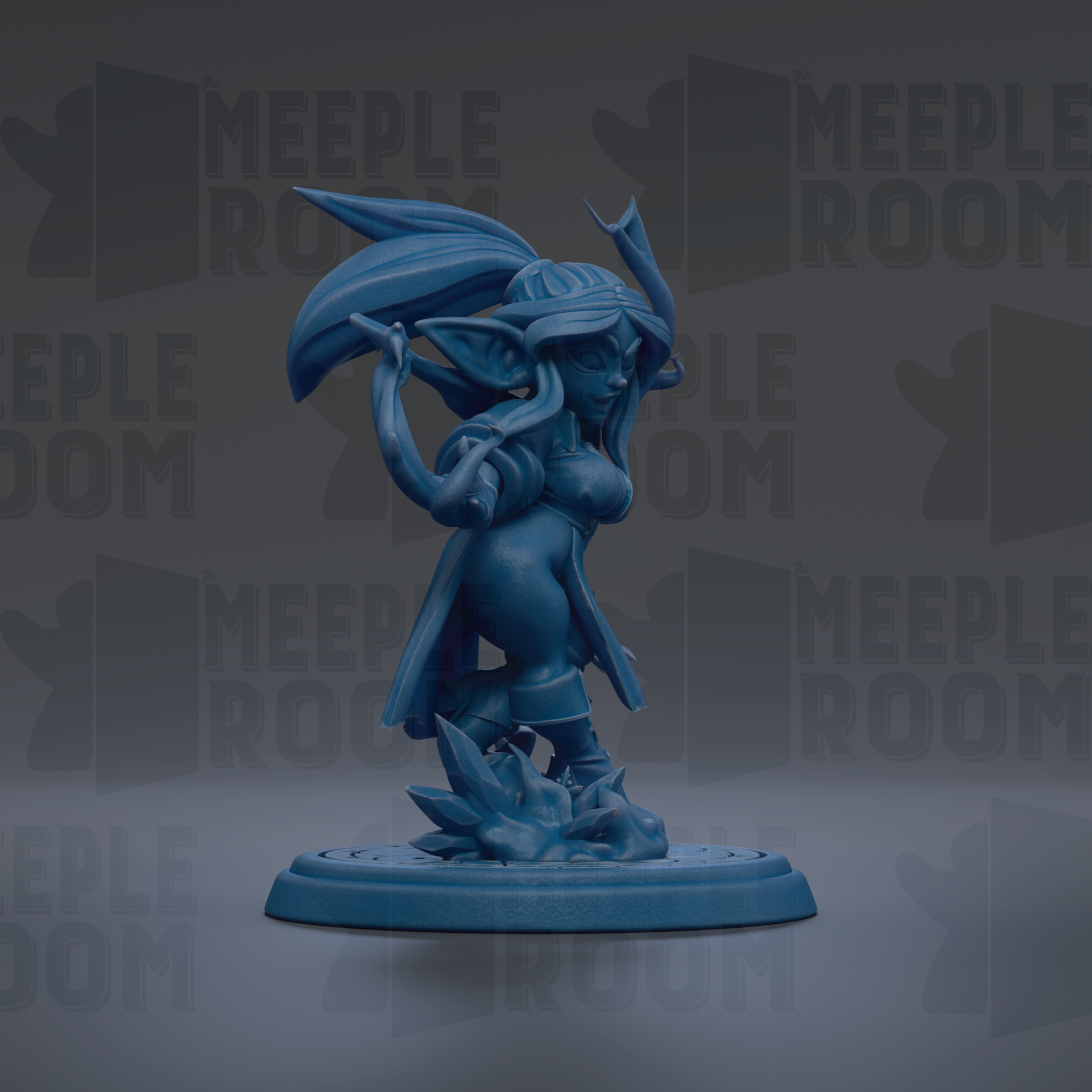 A blue figurine of a female character with a large head and long hair, standing on a base and holding a weapon.