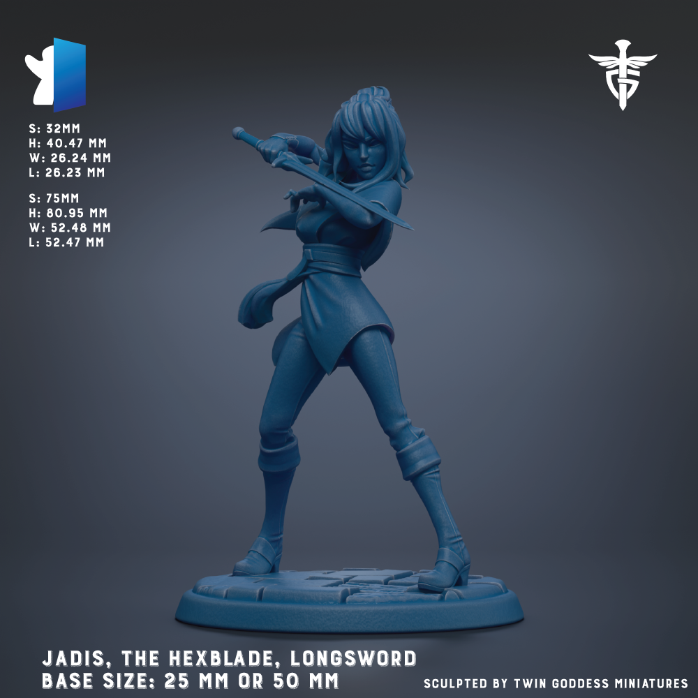 a blue figurine of a female character, specifically Jadis, the hexblade, and the longsword, posed in a fighting stance. The figurine is described as having a base size of 25 mm or 50 mm.