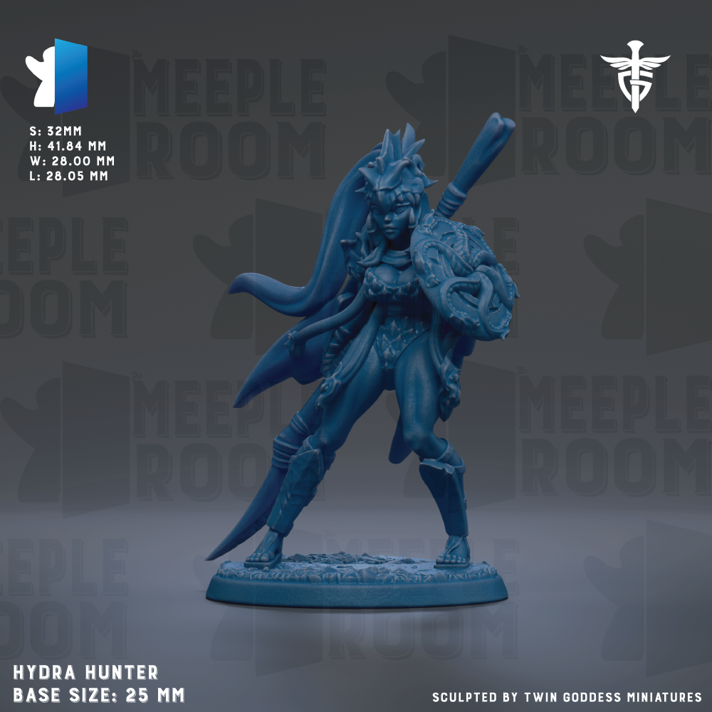 A blue figurine of a female character with a sword and shield, standing on a base. The figurine is described as a "HYDRA HUNTER" and is "BASE SIZE: 25mm". The background of the image is a repeating pattern of the word "MELLOWROOM".