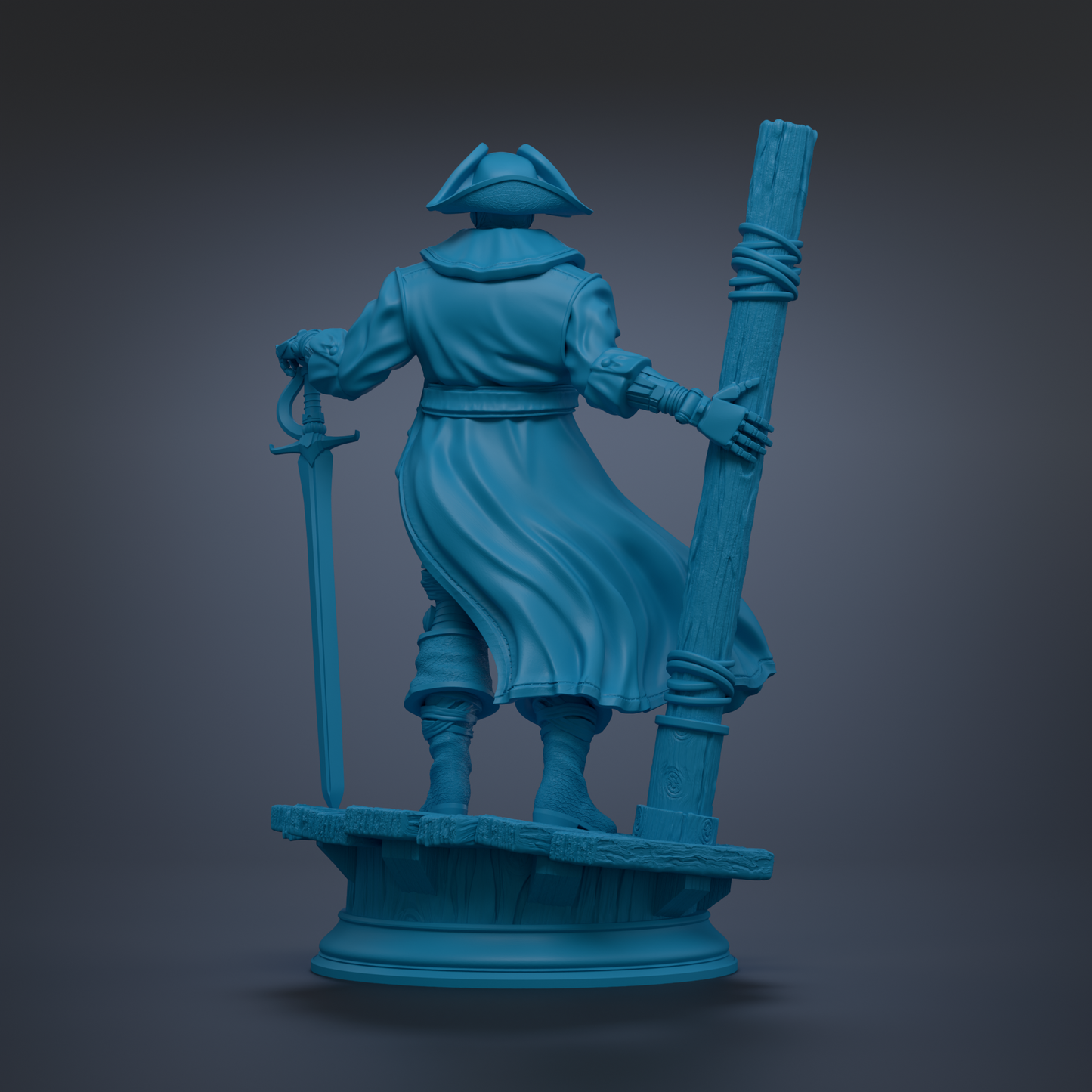 A blue statue of a pirate standing on a pedestal, holding a sword and wearing a hat.