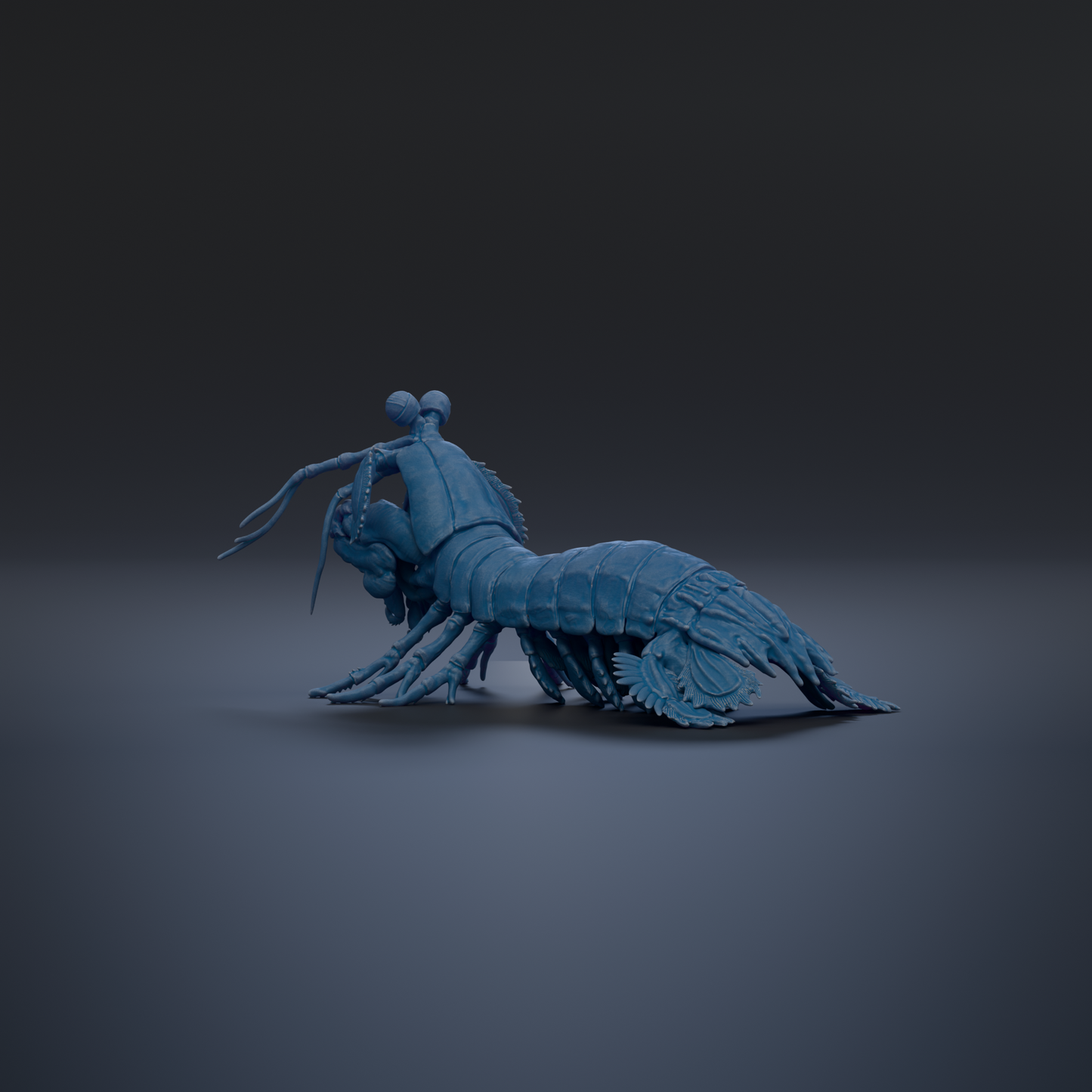 A 3D rendering of a blue crustacean, possibly a lobster or crab, with its legs spread out and antennae extended.