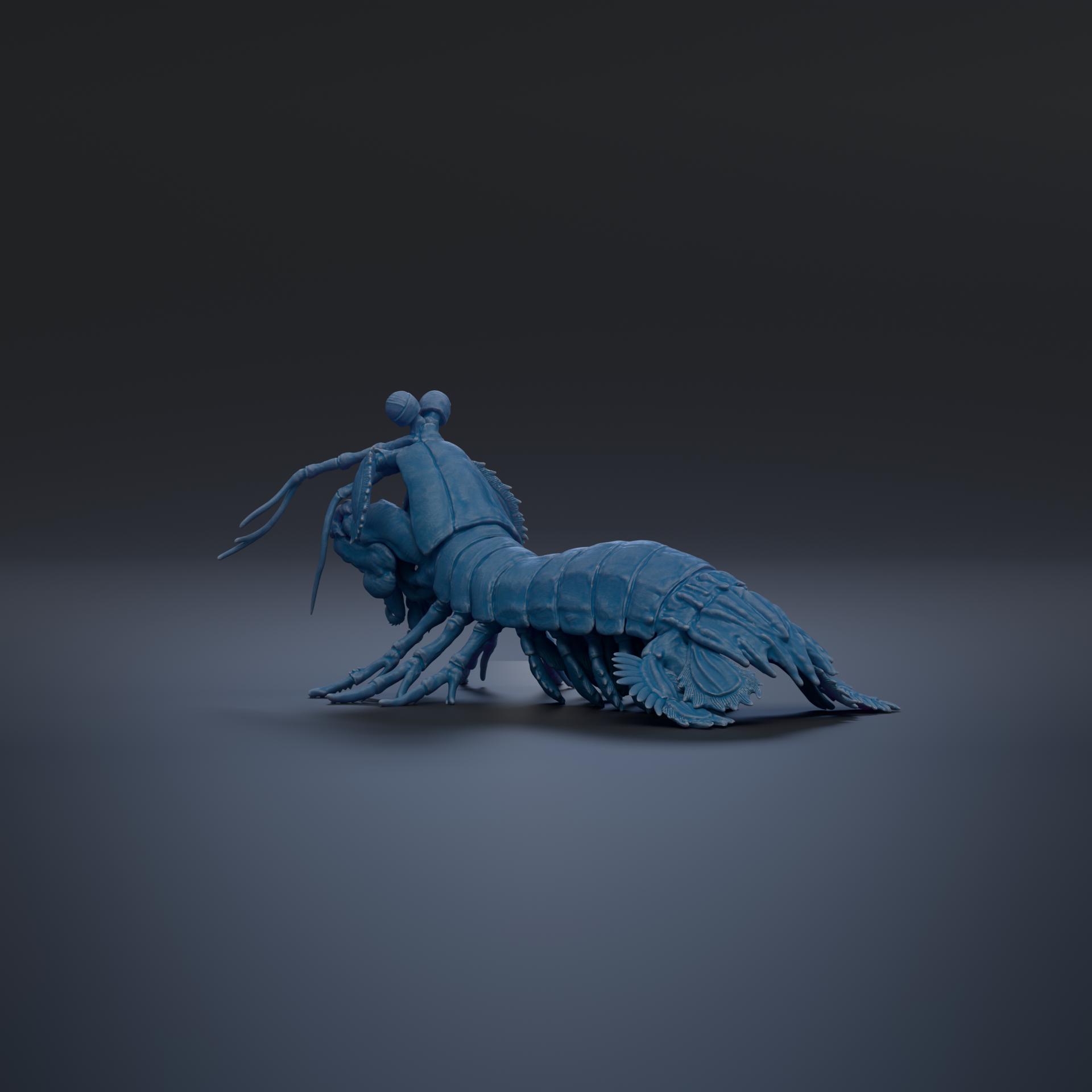 A 3D rendering of a blue crustacean, possibly a lobster or crab, with its legs spread out and antennae extended.