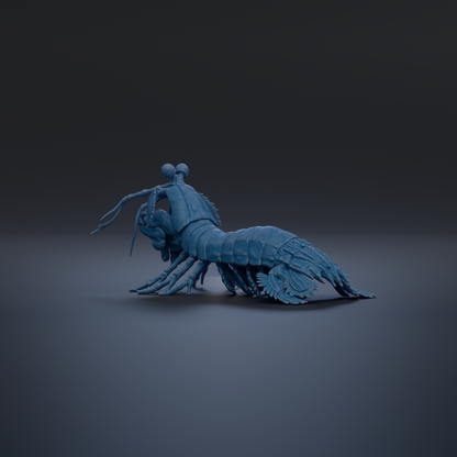 A 3D rendering of a blue crustacean, possibly a lobster or crab, with its legs spread out and antennae extended.
