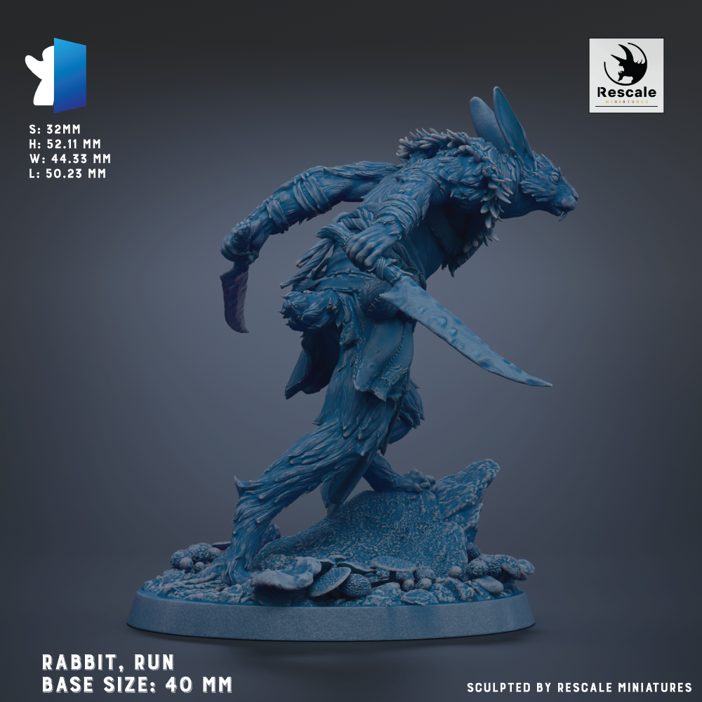 a blue rabbit statue with a sword in its hand, standing on a rock formation.