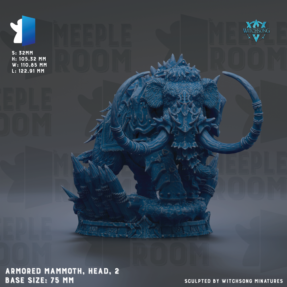 The image is a detailed 3D model of an armored mammoth head, featuring intricate details and a realistic appearance.