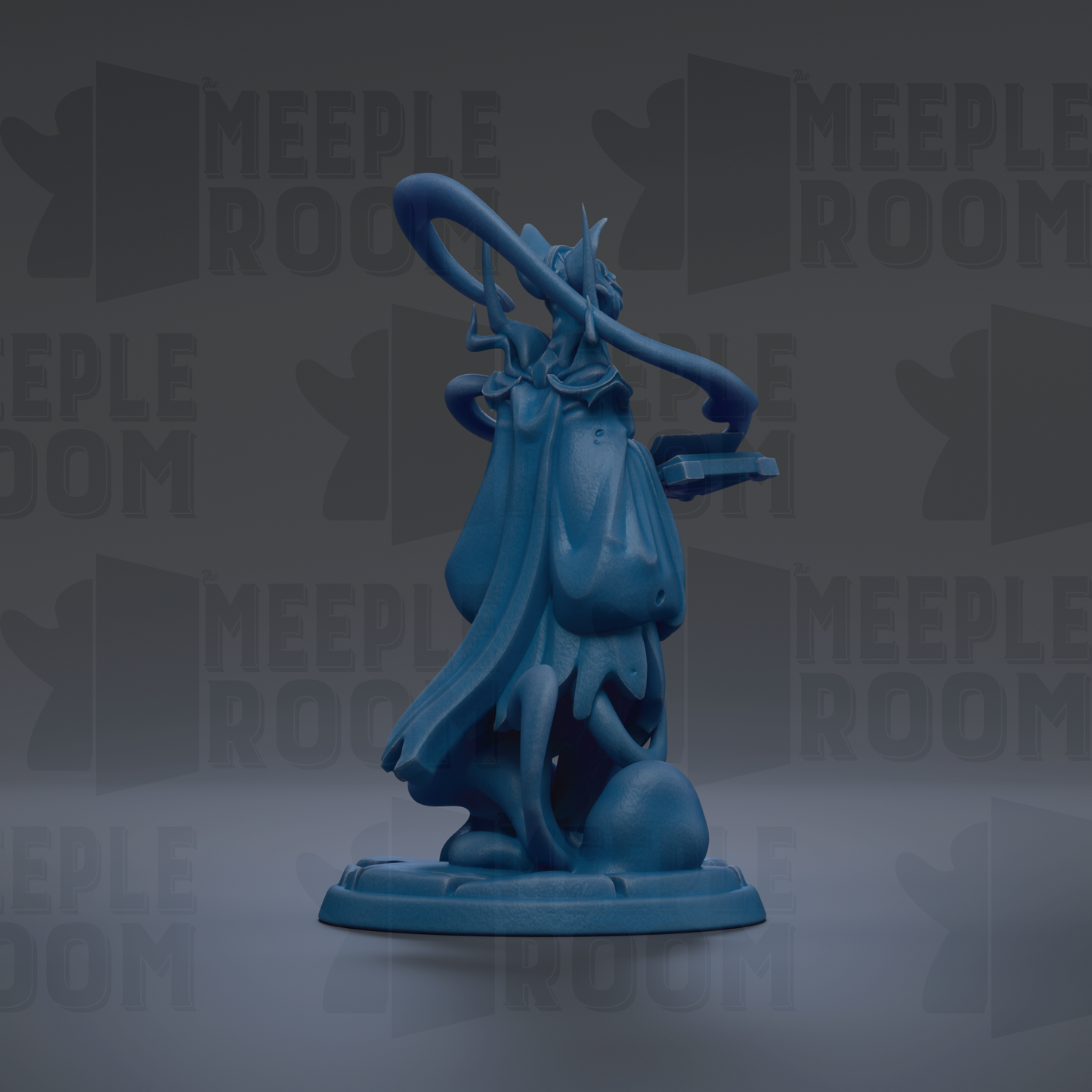 A blue figurine of a character with a long, flowing cape and a large headdress, standing on a base.