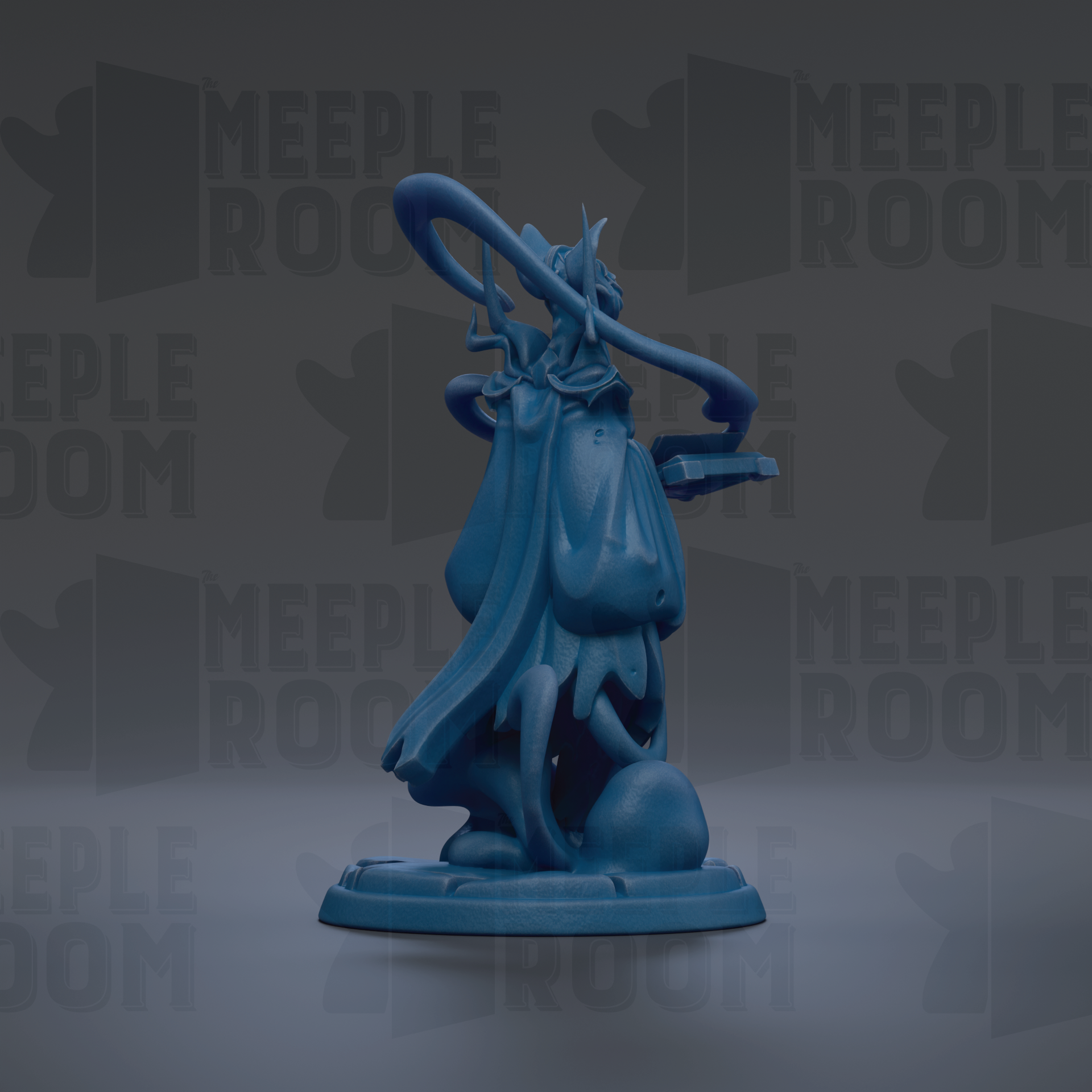 A blue figurine of a character with a long, flowing cape and a large headdress, standing on a base.