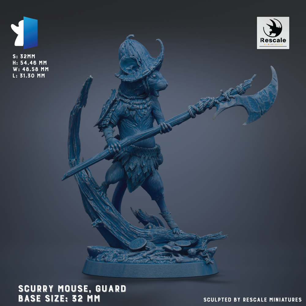 A blue figurine of a mouse-like creature, possibly a guard or warrior, holding a large weapon and standing on a base. The figurine is described as a "scurry mouse, guard" and is shown in a base size of 32 mm.