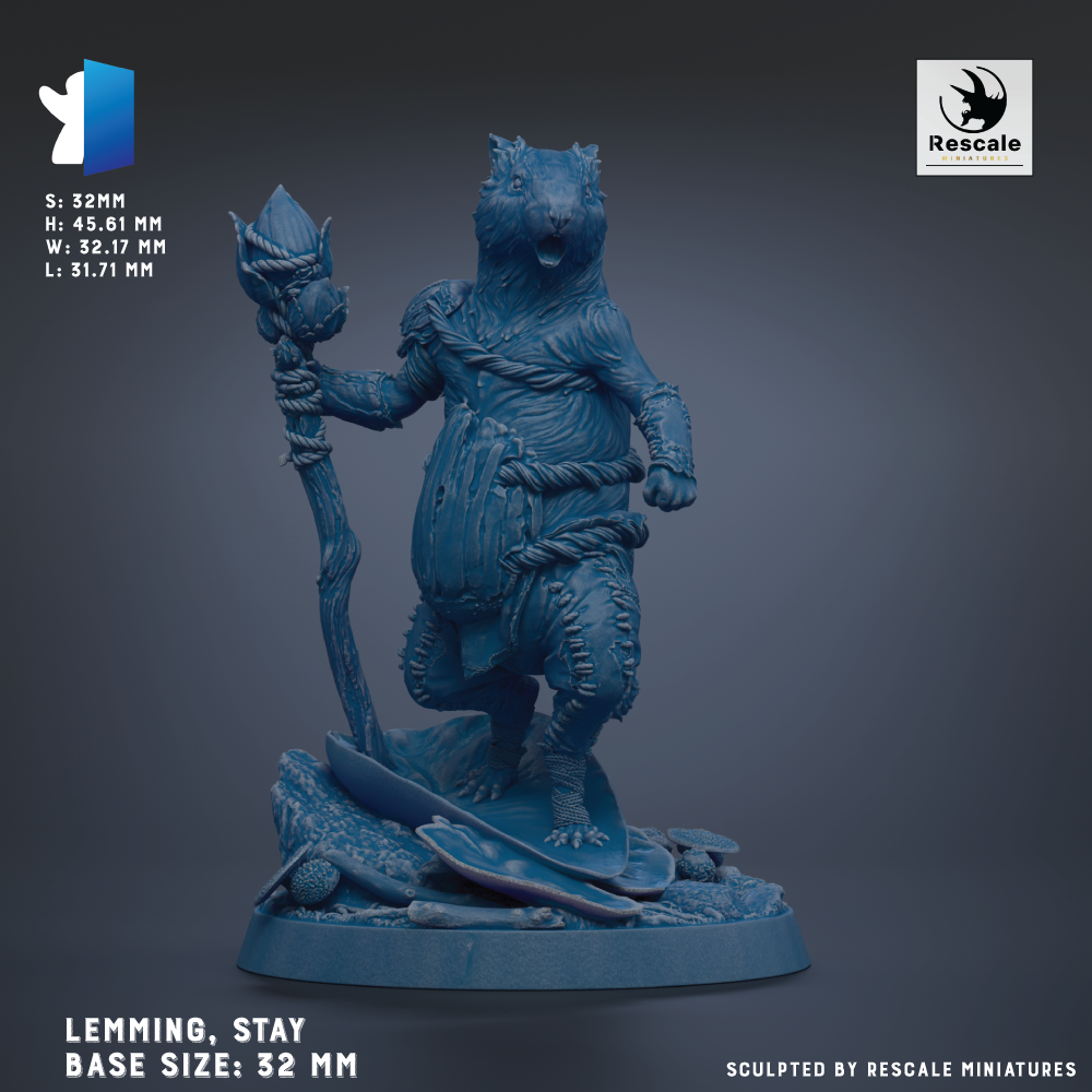 The image is a 3D rendering of a blue figurine of a creature, possibly a mythical or fantastical being, standing on a base and holding a staff. The base size of the figurine is 32 mm.