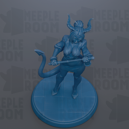 A blue figurine of a woman with horns, holding a weapon, stands on a blue platform against a gray background with repeated text.