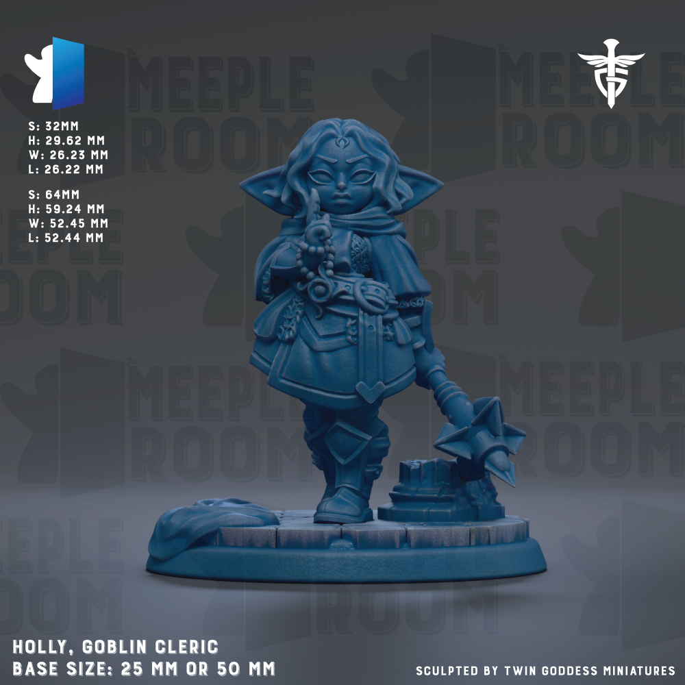 The image is a detailed 3D model of a female character, specifically a Hobbit Oracle, with a base size of 25mm or 50mm. The character is depicted in a dynamic pose, holding a sword and a shield, and is set against a dark background with the words "MEEPLE ROOM" repeated across it.