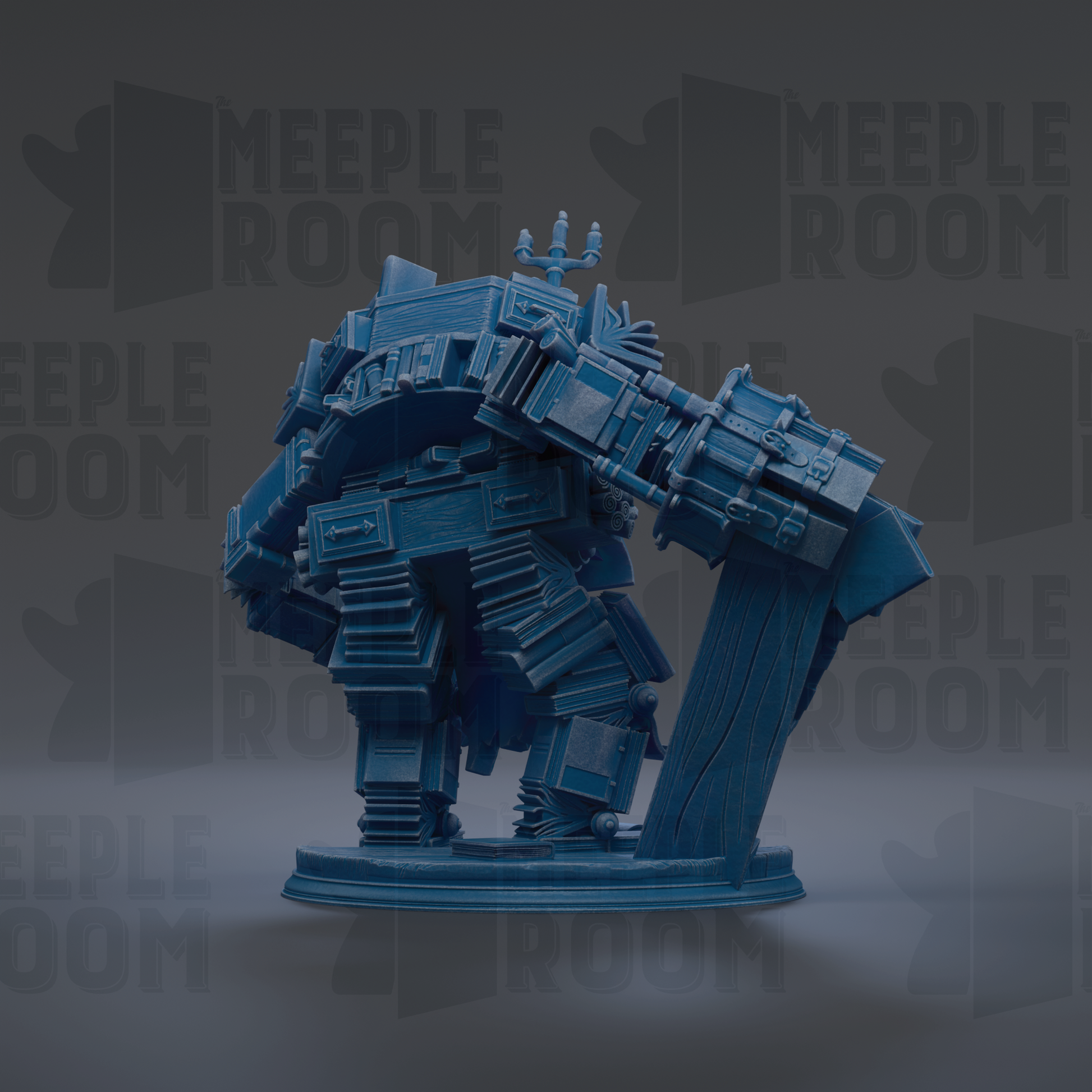 A 3D rendering of a blue, mechanical figure with various geometric shapes and components, standing on a base.