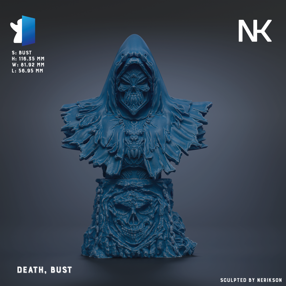 a blue bust sculpture of a hooded figure with a skull-like face, set against a dark background.