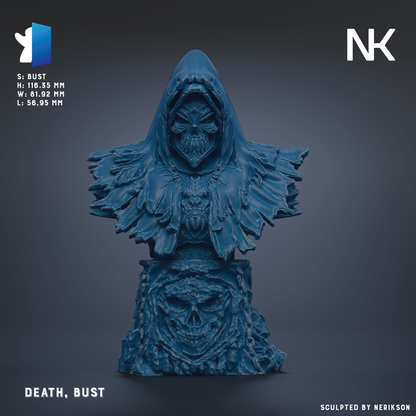 a blue bust sculpture of a hooded figure with a skull-like face, set against a dark background.