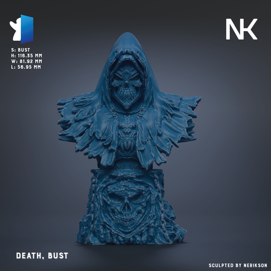 a blue bust sculpture of a hooded figure with a skull-like face, set against a dark background.
