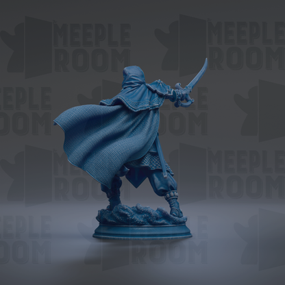 A blue statue of a person with a cape and sword, standing on a base and facing away from the camera.