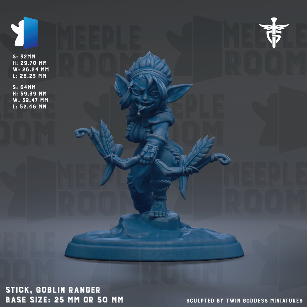 The image is a 3D model of a blue figurine of a female character, likely a female elf or gnome, with a bow and arrow. The figurine is displayed on a base that is either 25mm or 50mm in size. The image is a sculpture, and it is created by Twin Goddess Miniatures.