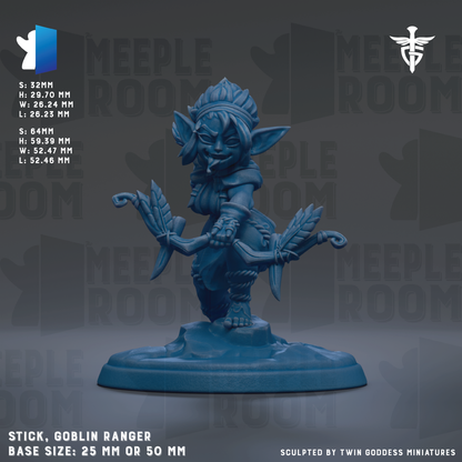 The image is a 3D model of a blue figurine of a female character, likely a female elf or gnome, with a bow and arrow. The figurine is displayed on a base that is either 25mm or 50mm in size. The image is a sculpture, and it is created by Twin Goddess Miniatures.