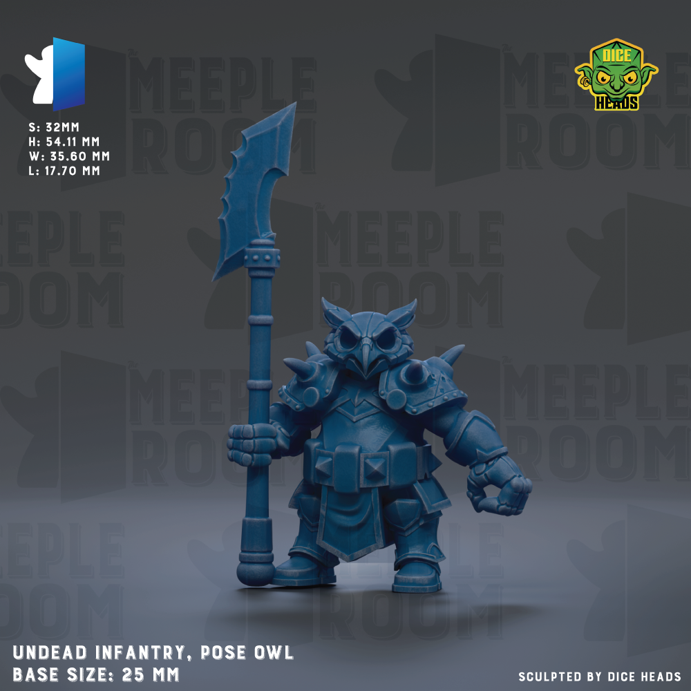a blue owl-like creature holding a large blue weapon, possibly a sword or spear. The creature is standing on a gray surface and is the main focus of the image. The image does not contain any text, and there are no other objects or creatures present. The creature appears to be the central subject of the image, with no other elements providing additional context or information.