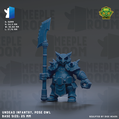 a blue owl-like creature holding a large blue weapon, possibly a sword or spear. The creature is standing on a gray surface and is the main focus of the image. The image does not contain any text, and there are no other objects or creatures present. The creature appears to be the central subject of the image, with no other elements providing additional context or information.