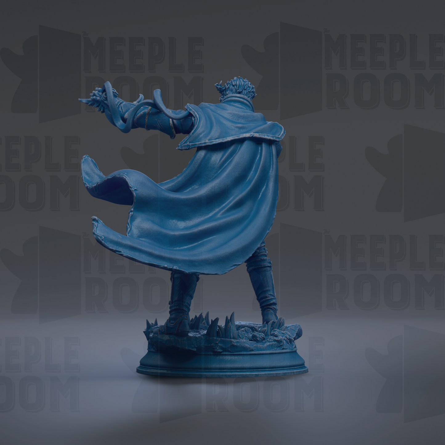 A blue statue of a person with a flowing cape and a sword, standing on a pedestal against a dark background with repeated text.