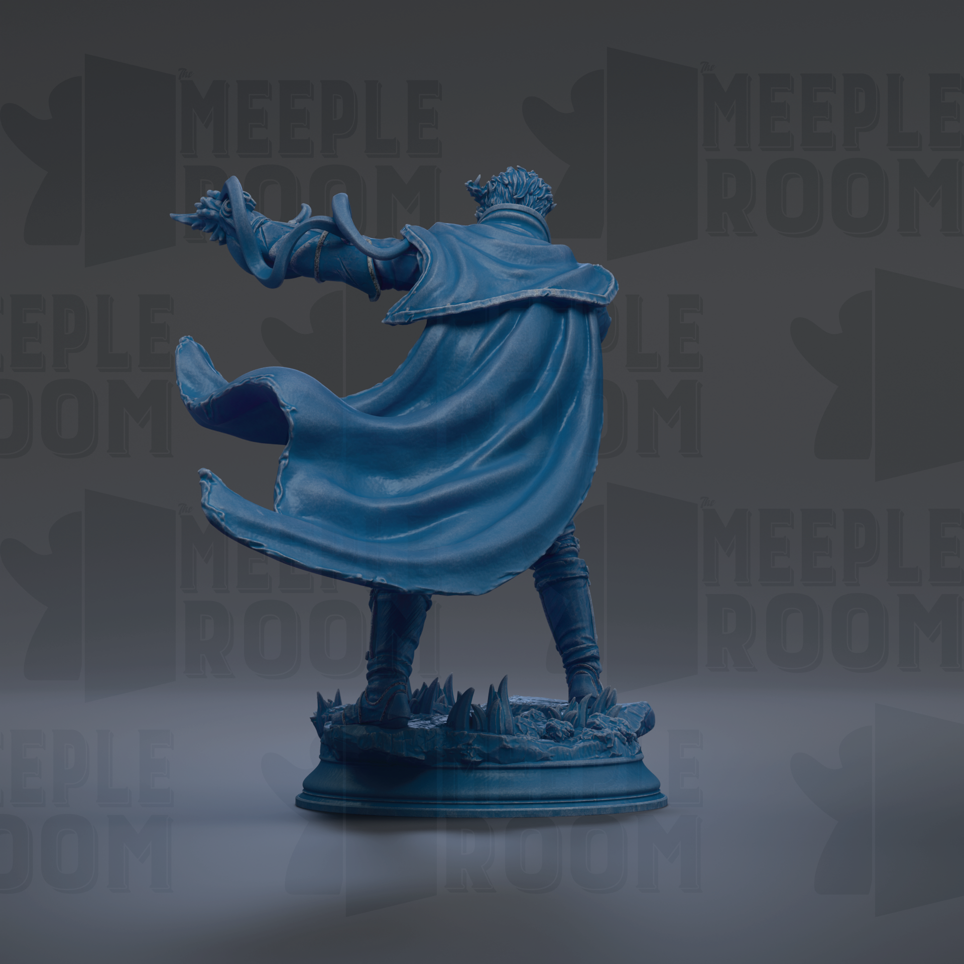 A blue statue of a person with a flowing cape and a sword, standing on a pedestal against a dark background with repeated text.