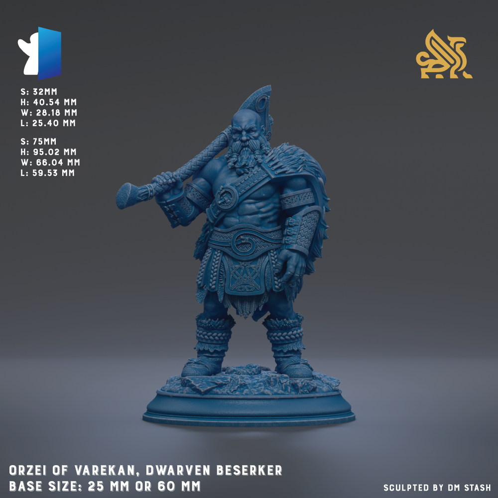 a blue figurine of a dwarf, a warrior, or a giant, standing on a base and holding a weapon. The figurine is described as a "ORZEI OF VAREKAN, DWARVEN BESERKER" and has a base size of either 25mm or 60mm. The image is a collage of multiple images, and it is described as being "Sculpted by DM Stash".