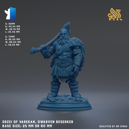 a blue figurine of a dwarf, a warrior, or a giant, standing on a base and holding a weapon. The figurine is described as a "ORZEI OF VAREKAN, DWARVEN BESERKER" and has a base size of either 25mm or 60mm. The image is a collage of multiple images, and it is described as being "Sculpted by DM Stash".