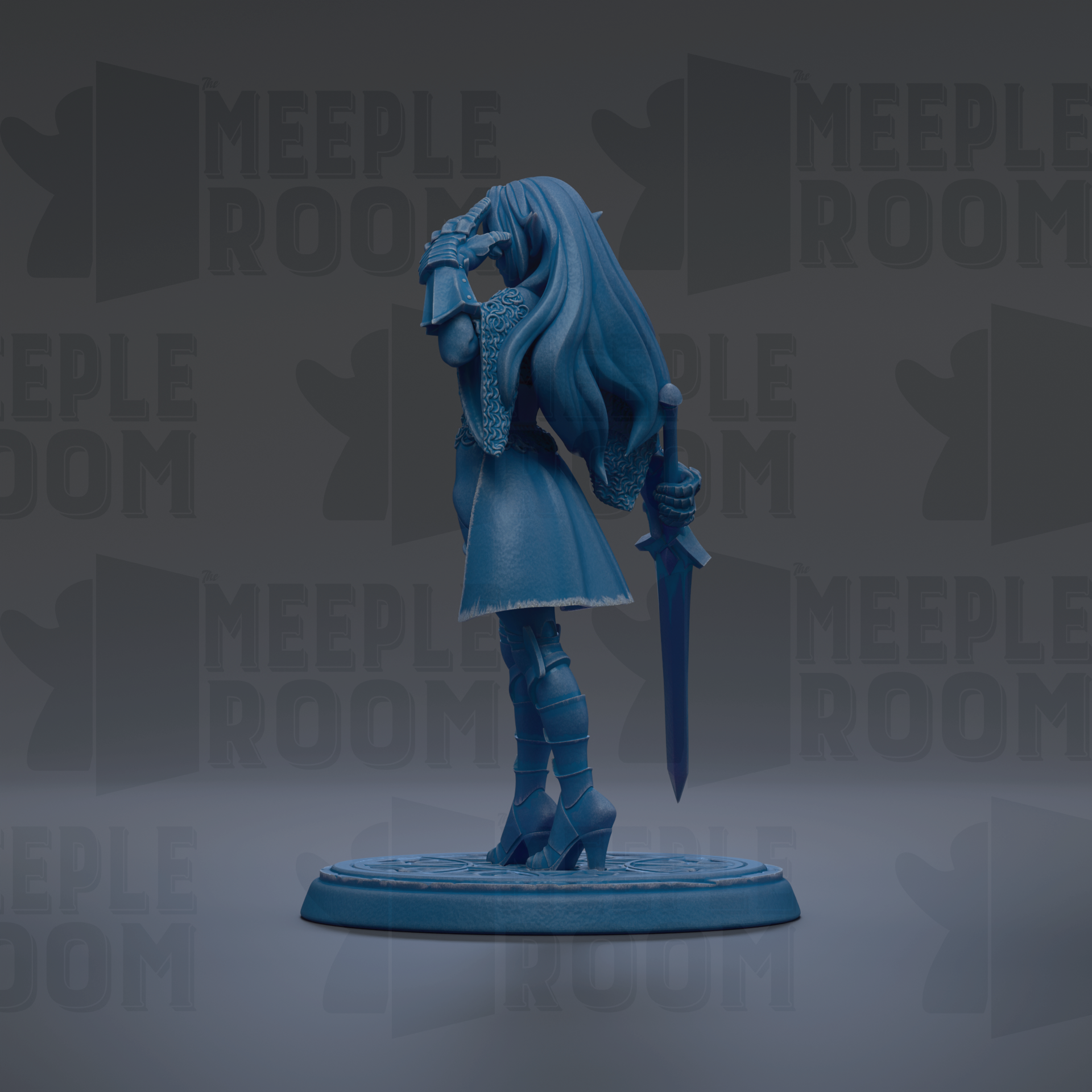 A blue figurine of a woman holding a sword and shield, standing on a circular base.