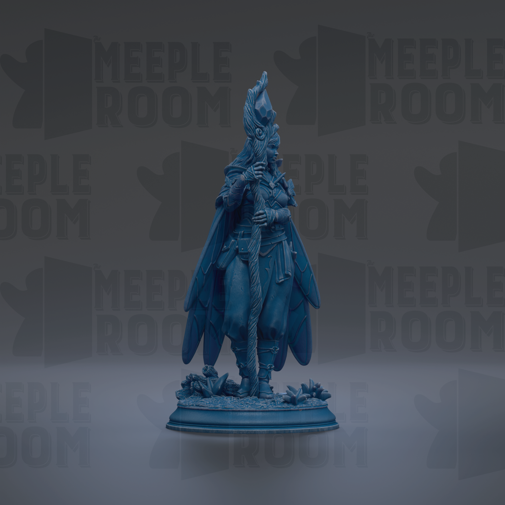 A blue statue of a winged figure holding a staff, standing on a pedestal with flowers, against a dark background with repeated text.