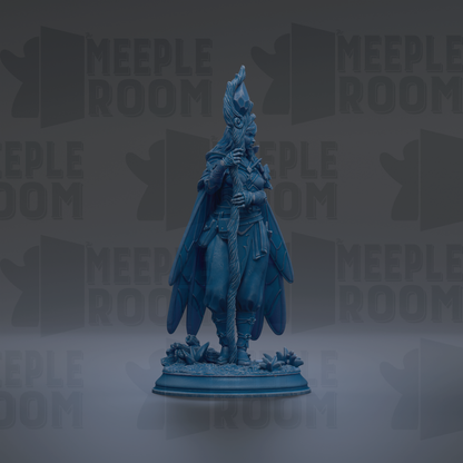 A blue statue of a winged figure holding a staff, standing on a pedestal with flowers, against a dark background with repeated text.