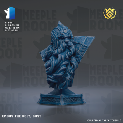 a bust of a bearded man wearing a helmet, with intricate details and a blue color scheme.