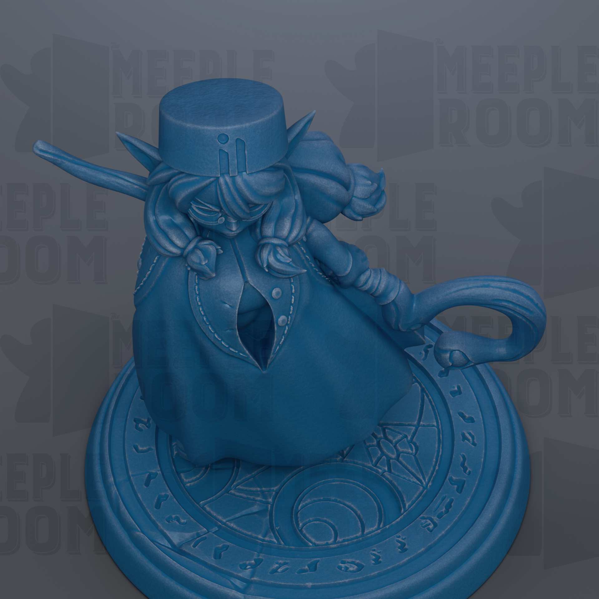A blue figurine of a character with a hat and a sword, sitting on a circular base with a patterned design.