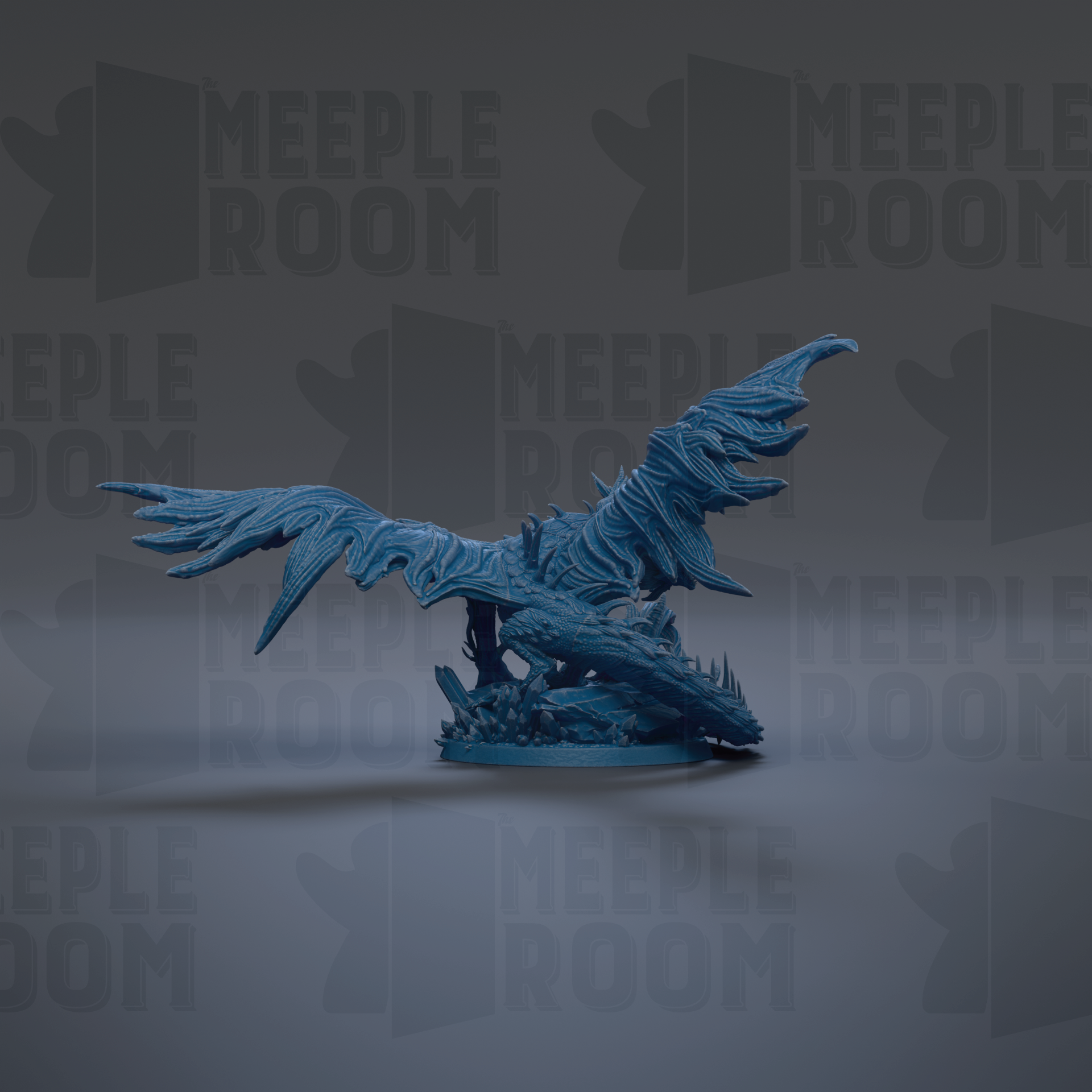 A blue dragon figurine with intricate details and wings is displayed against a dark background with repeated text.