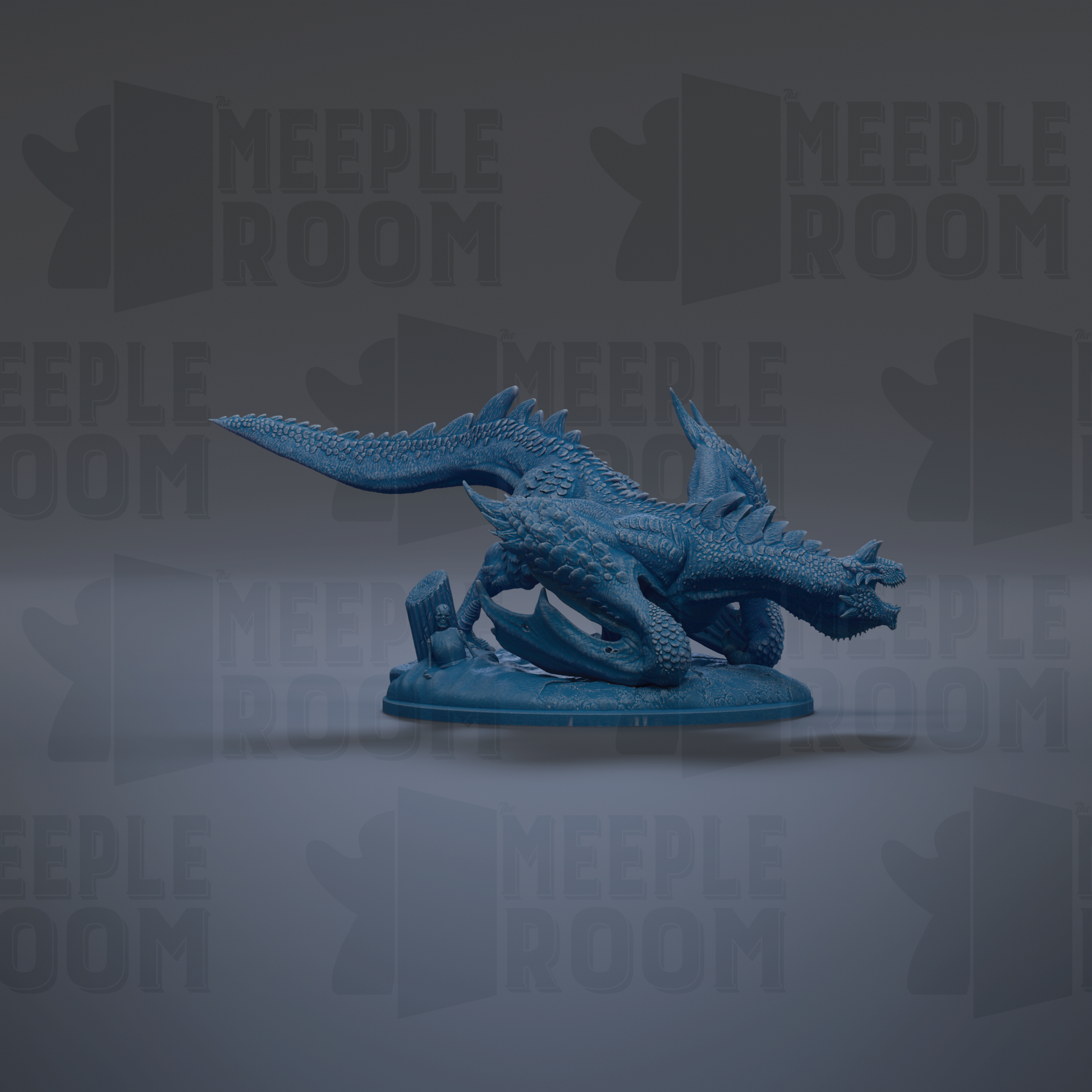 A blue dragon figurine is shown against a dark background with repeated "MEIPLE ROOM" text.