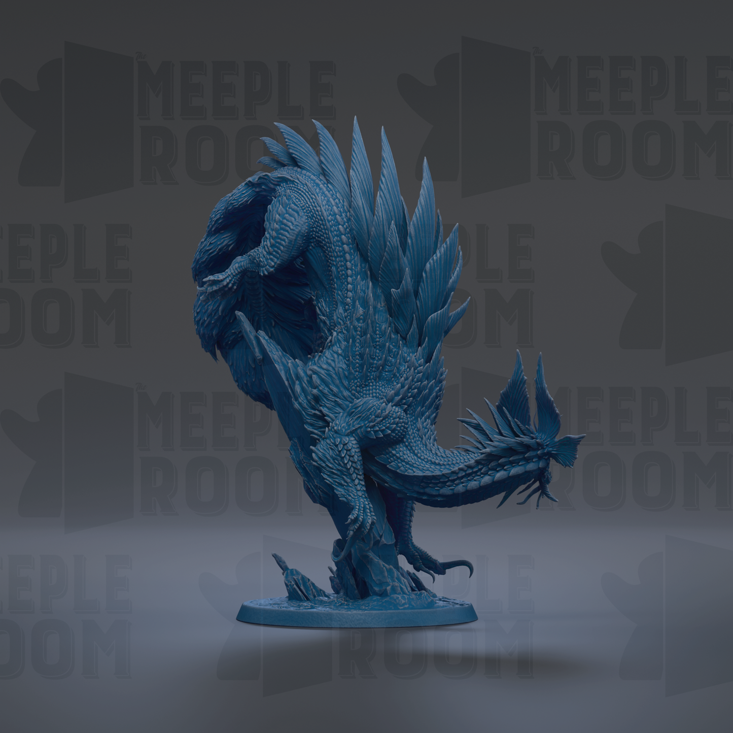 A blue, fantastical creature resembling a dragon or serpent with sharp teeth and claws, standing on a base and facing to the right.