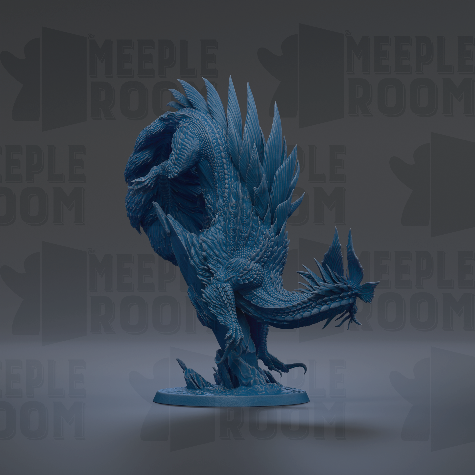 A blue, fantastical creature resembling a dragon or serpent with sharp teeth and claws, standing on a base and facing to the right.