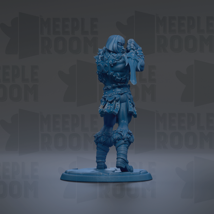 A blue figurine of a warrior standing on a base, with the text "MEUPLE ROOM" repeated in the background.