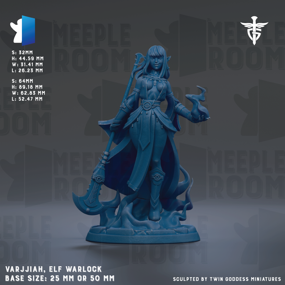The image is a 3D rendering of a female elf warrior character, specifically the character named Varjiah, from the video game Meeple Room. The character is depicted in a dynamic pose, holding a sword and a shield, and is standing on a base that is either 25mm or 50mm tall. The image is a 3D model of the character, and it is presented against a dark background.