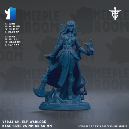 The image is a 3D rendering of a female elf warrior character, specifically the character named Varjiah, from the video game Meeple Room. The character is depicted in a dynamic pose, holding a sword and a shield, and is standing on a base that is either 25mm or 50mm tall. The image is a 3D model of the character, and it is presented against a dark background.