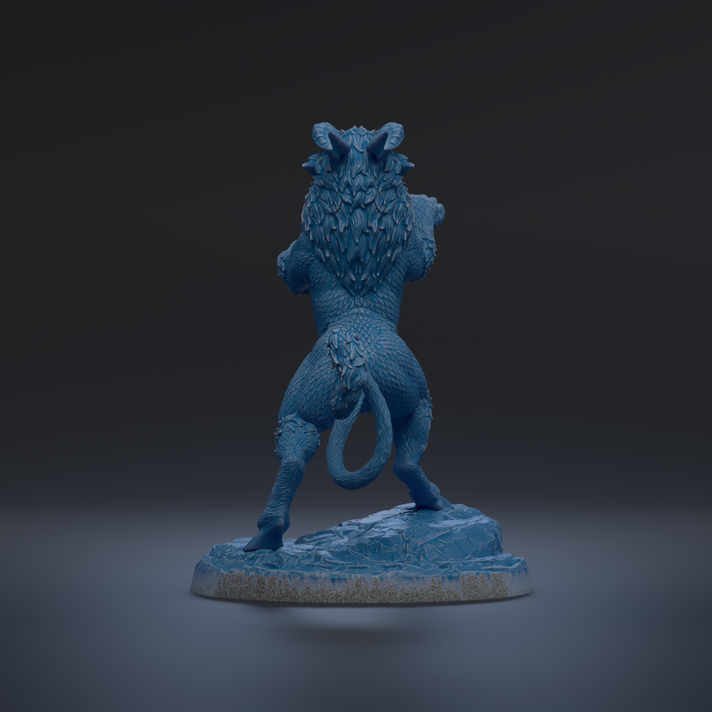 A blue, sculpted statue of a mythical creature with horns and a flowing mane stands on a rock against a dark background.