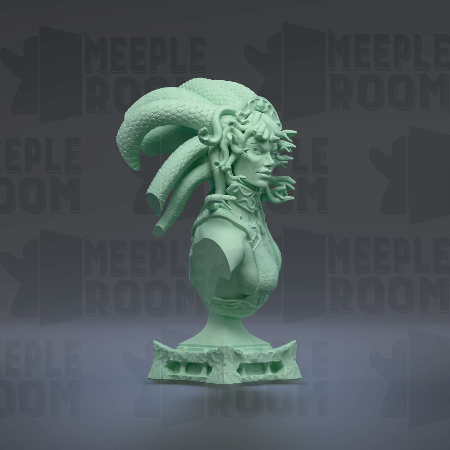 A green bust sculpture of a woman with an elaborate headdress and necklace, displayed against a dark background with repeated text.