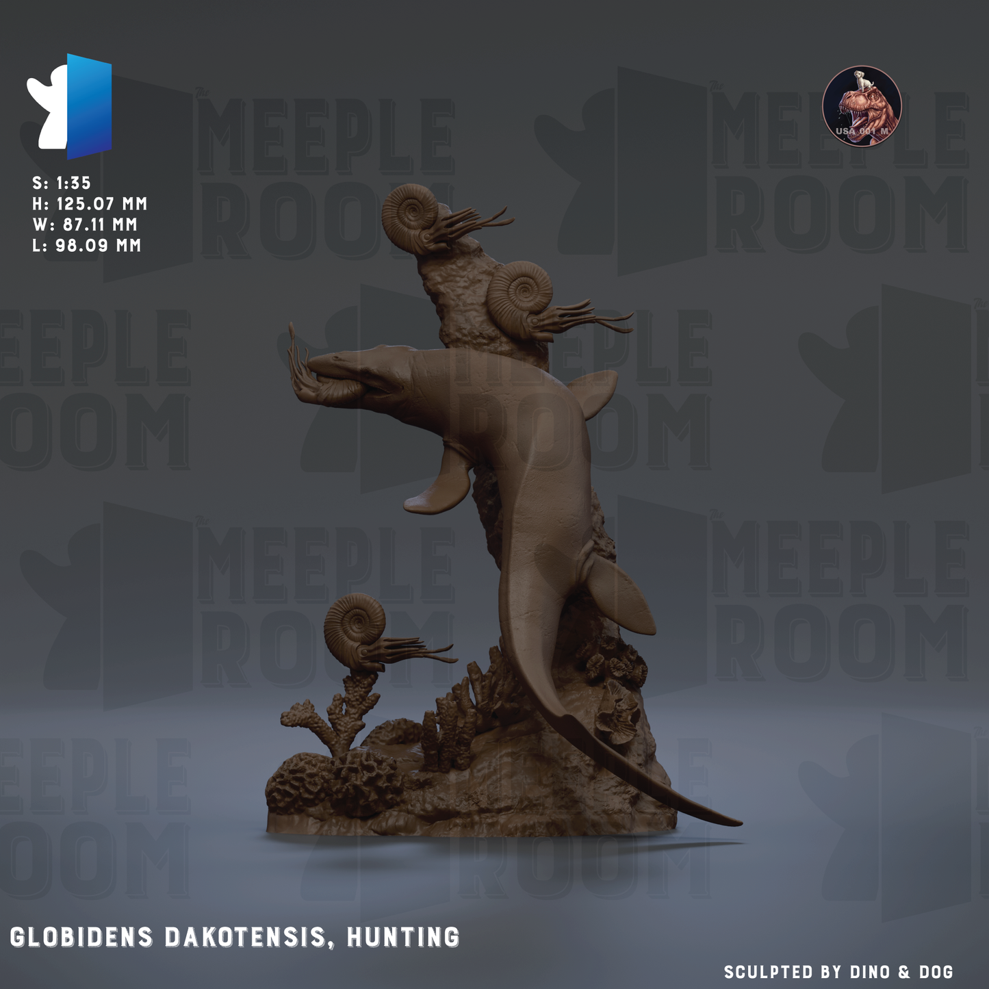 The image is a 3D model of a meuperran, a type of meuperran, which is a type of dinosaur. The meuperran is depicted in a hunting pose, with its head lowered and its tail extended. The meuperran is shown in a realistic style, with intricate details and textures. The image is a sculpture of the meuperran, and it is presented against a dark background. The image is described as a 3D model of a meuperran, a type of dinosaur, and it is shown in a hunting pose.