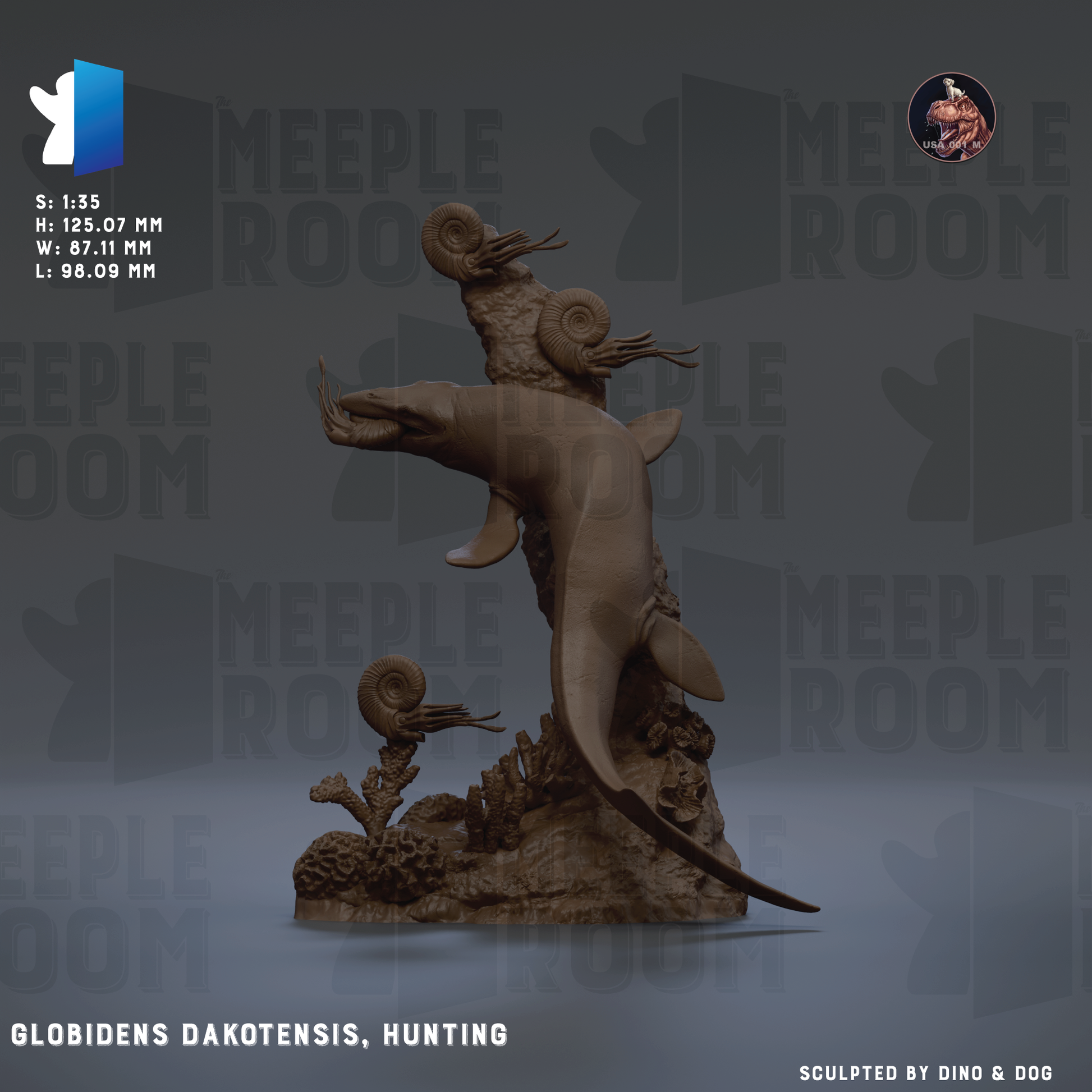 The image is a 3D model of a meuperran, a type of meuperran, which is a type of dinosaur. The meuperran is depicted in a hunting pose, with its head lowered and its tail extended. The meuperran is shown in a realistic style, with intricate details and textures. The image is a sculpture of the meuperran, and it is presented against a dark background. The image is described as a 3D model of a meuperran, a type of dinosaur, and it is shown in a hunting pose.