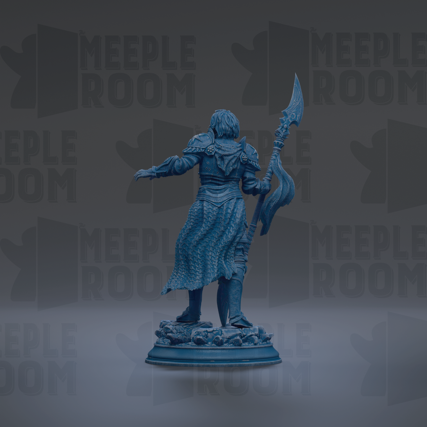 A blue statue of a warrior figure holding a sword and shield, standing in a defensive stance.