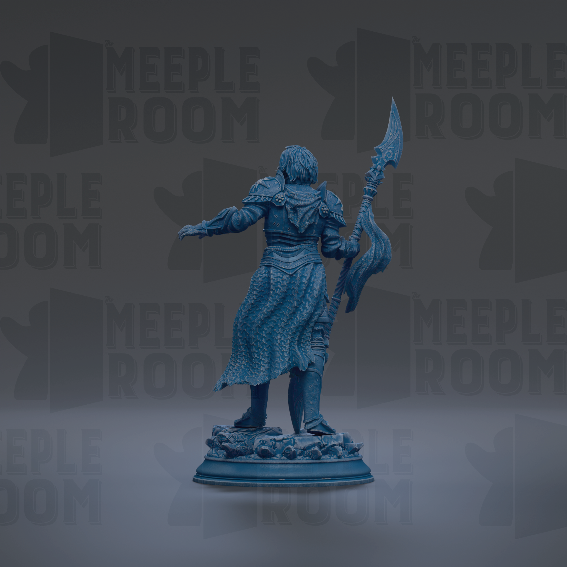 A blue statue of a warrior figure holding a sword and shield, standing in a defensive stance.