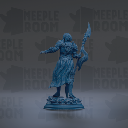 A blue statue of a warrior figure holding a sword and shield, standing in a defensive stance.