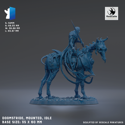 The image is a 3D model of a mounted knight on a dragon-like creature, likely a fantasy or sci-fi themed item. The knight is wearing a helmet and holding a sword, and the dragon-like creature has a long tail and sharp teeth. The base size of the item is 35 x 60 mm. The image is described as a sculpted by Rescale miniature.