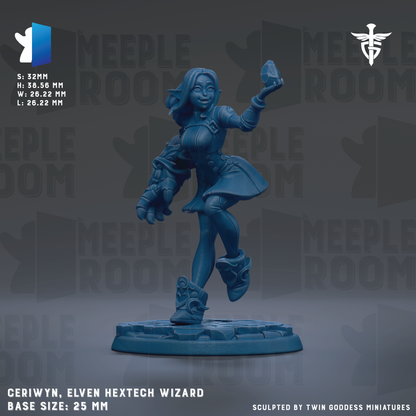 Cerwyn, the elf hextech wizard, is depicted in a dynamic pose, holding a crystal in her right hand and a staff in her left hand. The base size of the figurine is 25mm.