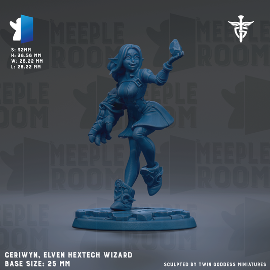Cerwyn, the elf hextech wizard, is depicted in a dynamic pose, holding a crystal in her right hand and a staff in her left hand. The base size of the figurine is 25mm.